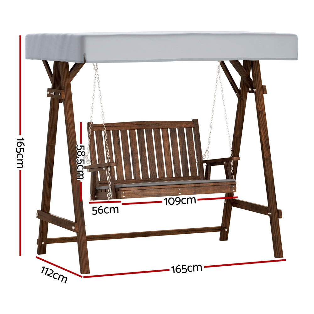 Gardeon Outdoor Wooden Swing Chair Garden Bench Canopy Cushion 2 Seater Charcoal