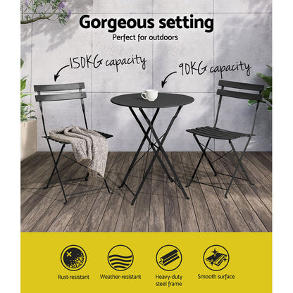 Gradeon 3PC Outdoor Bistro Set Steel Table and Chairs Patio Furniture Black