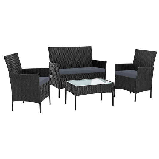 Gardeon 4 Seater Outdoor Sofa Set with Storage Cover Wicker Table Chair Black