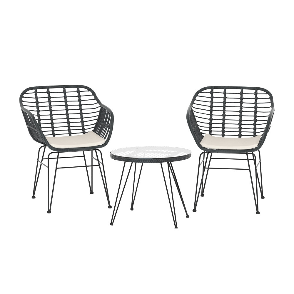 Gardeon 3PC Outdoor Furniture Bistro Set Lounge Setting Table Chairs Cushion Patio Dark Grey