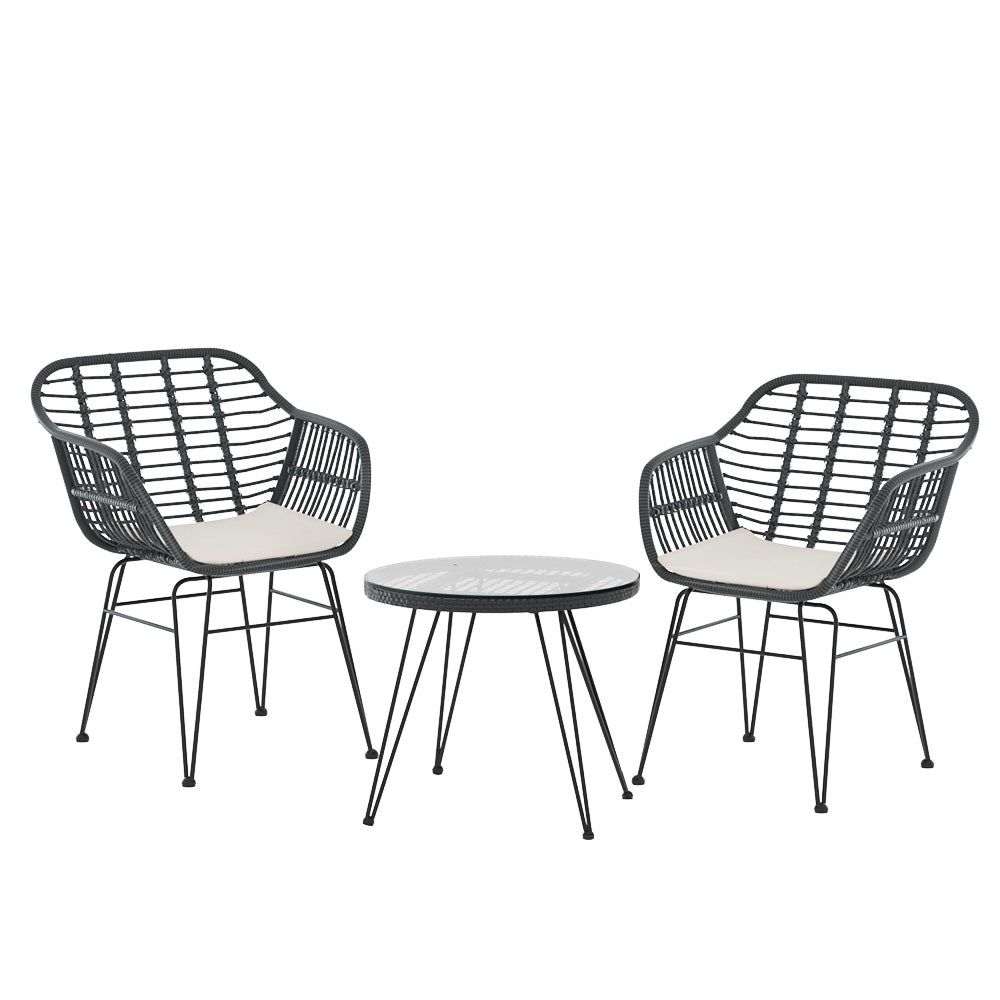 Gardeon 3PC Outdoor Furniture Bistro Set Lounge Setting Table Chairs Cushion Patio Dark Grey