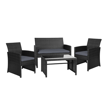 Gardeon 4 PCS Outdoor Sofa Set with Storage Cover Rattan Chair Furniture Black