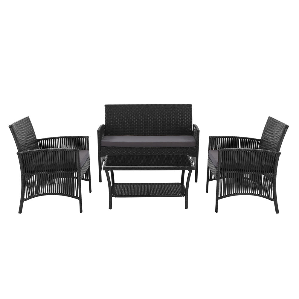 Gardeon 4PCS Outdoor Sofa Set Wicker Harp Chair Table Garden Furniture Black