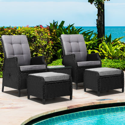 Gardeon 5PC Recliner Chairs Table Sun lounge Wicker Outdoor Furniture Adjustable Black