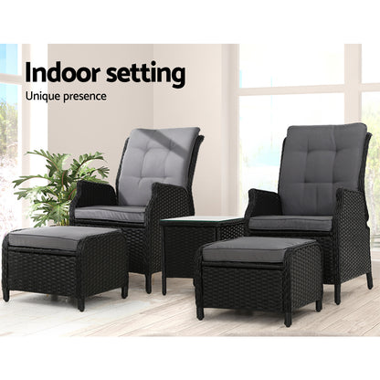 Gardeon 5PC Recliner Chairs Table Sun lounge Wicker Outdoor Furniture Adjustable Black