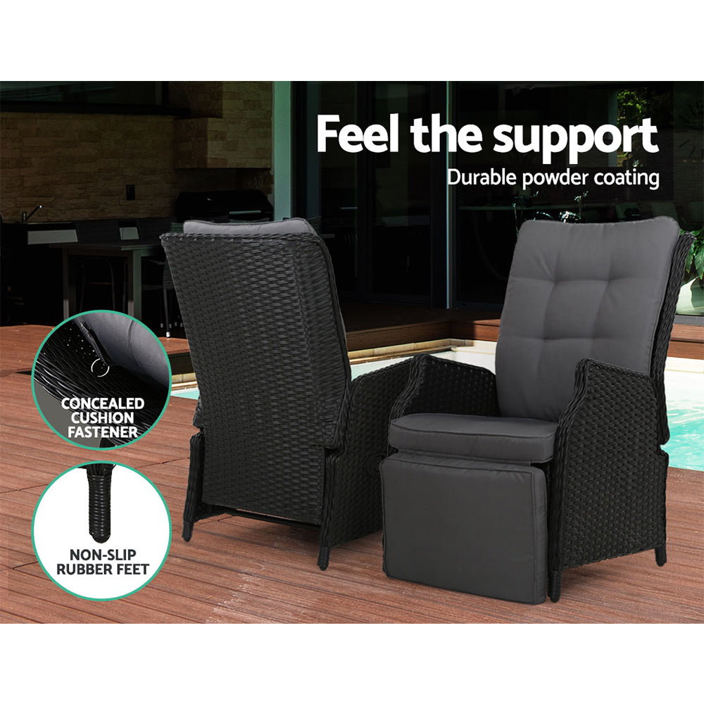 Gardeon 3PC Recliner Chairs Table Sun lounge Outdoor Furniture Wicker Adjustable Black