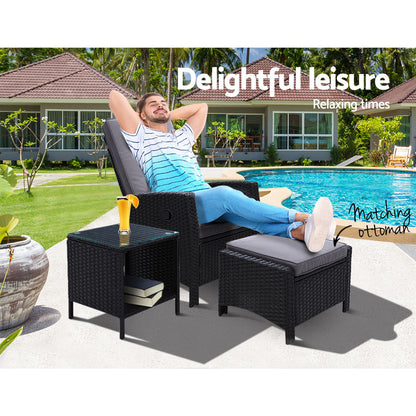 Gardeon 3PC Recliner Chairs Table Sun lounge Wicker Outdoor Furniture Adjustable Black