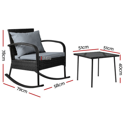 Gardeon 3PC Rocking Chair Table Wicker Outdoor Furniture Patio Bistro Set Black