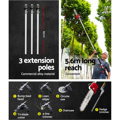 Giantz 65CC Pole Chainsaw Hedge Trimmer Brush Cutter Whipper Snipper 7-in-1 5.6m