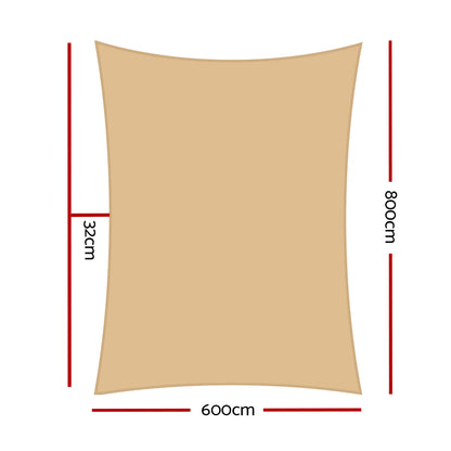 Instahut Shade Sail 6x8m Rectangle 185GSM 95% Sand Shade Cloth