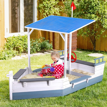 Keezi Kids Sandpit Wooden Box Boat Canopy Flag Outdoor Toys Children Blue