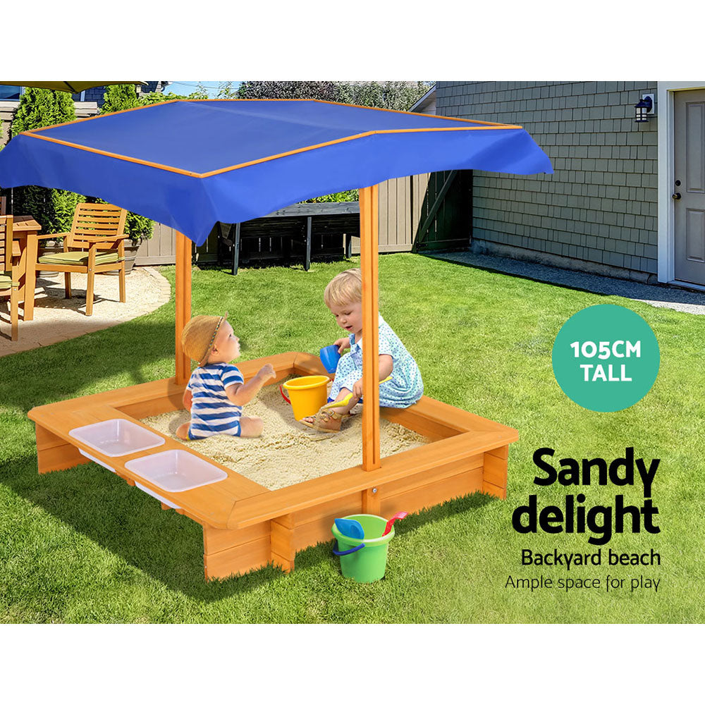 Keezi Kids Sandpit Wooden Sandbox Sand Pit with Canopy Water Basin Toys 103cm