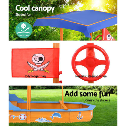 Keezi Kids Sandpit Wooden Boat Sand Pit with Canopy Bench Seat Beach Toys 150cm