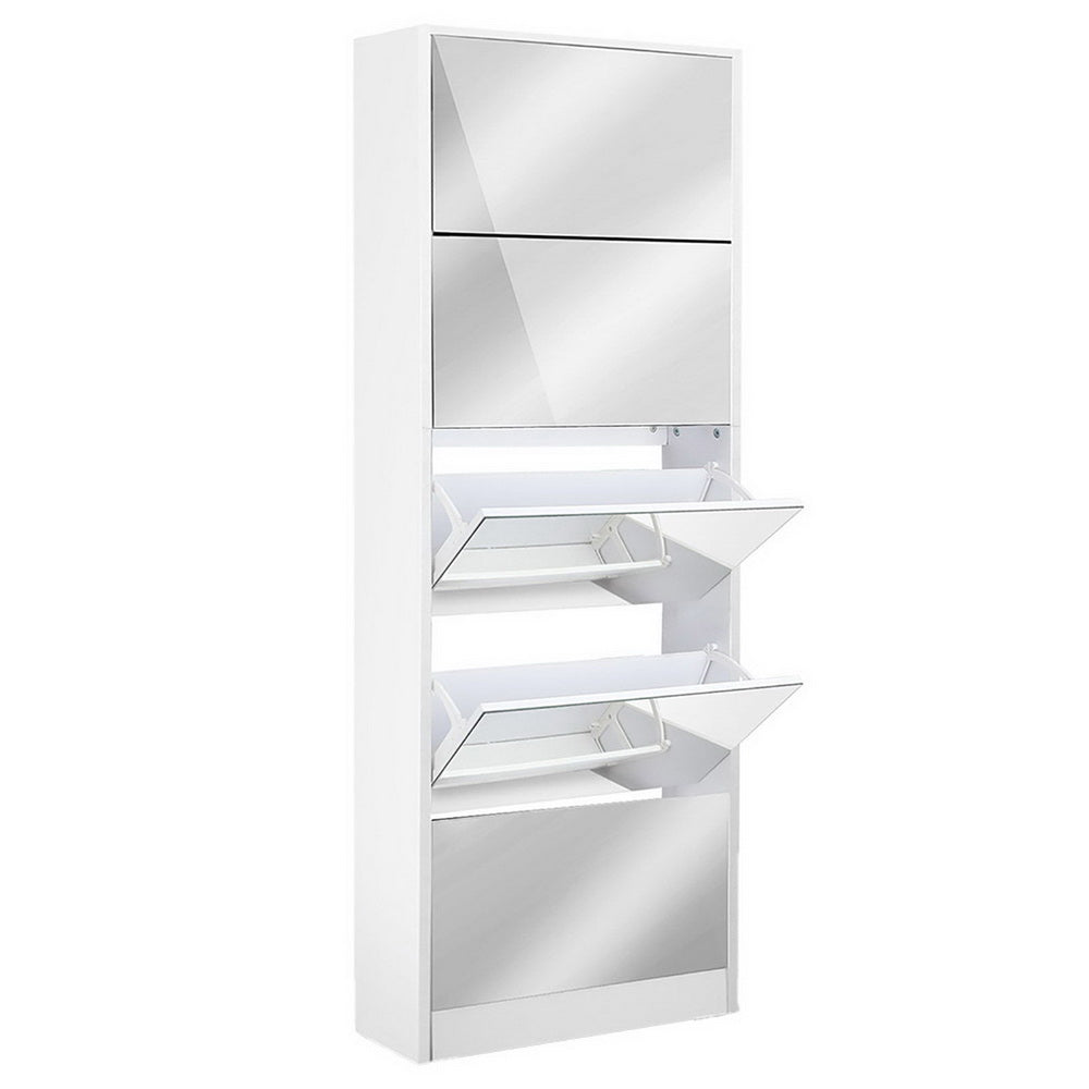 Artiss 5 Drawer Mirrored Wooden Shoe Cabinet - White