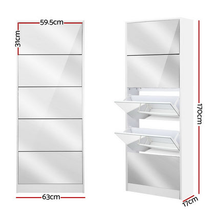 Artiss 5 Drawer Mirrored Wooden Shoe Cabinet - White