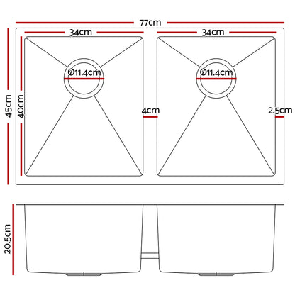 Cefito Kitchen Sink 77X45CM Stainless Steel Basin Double Bowl Laundry Black