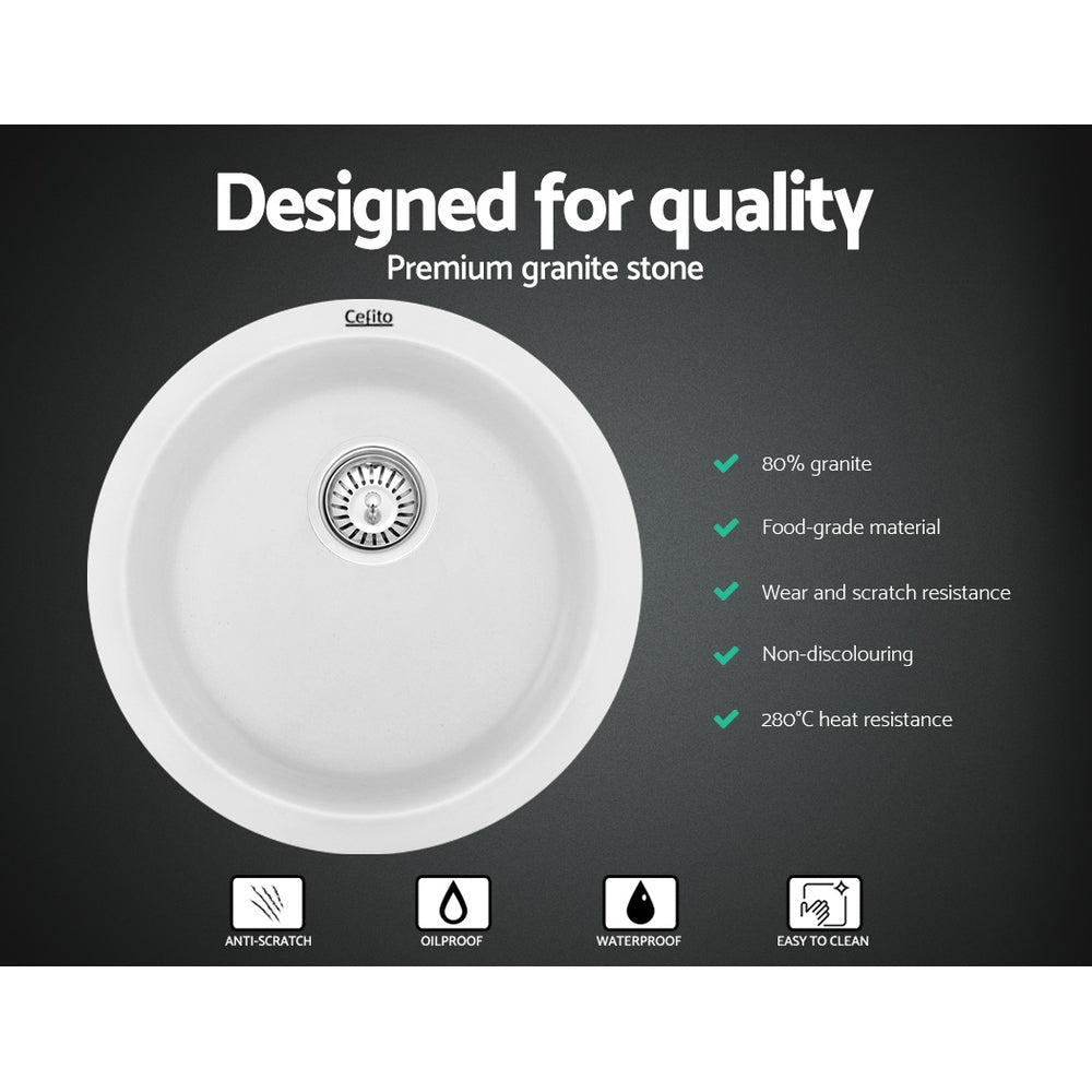 Cefito Stone Kitchen Sink Round 430MM Granite Under/Topmount Basin Bowl Laundry White