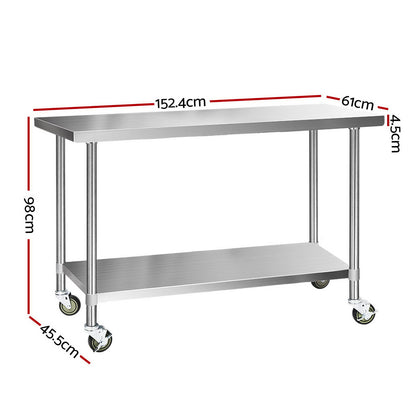 Cefito 1524x610mm Stainless Steel Kitchen Bench with Wheels 430