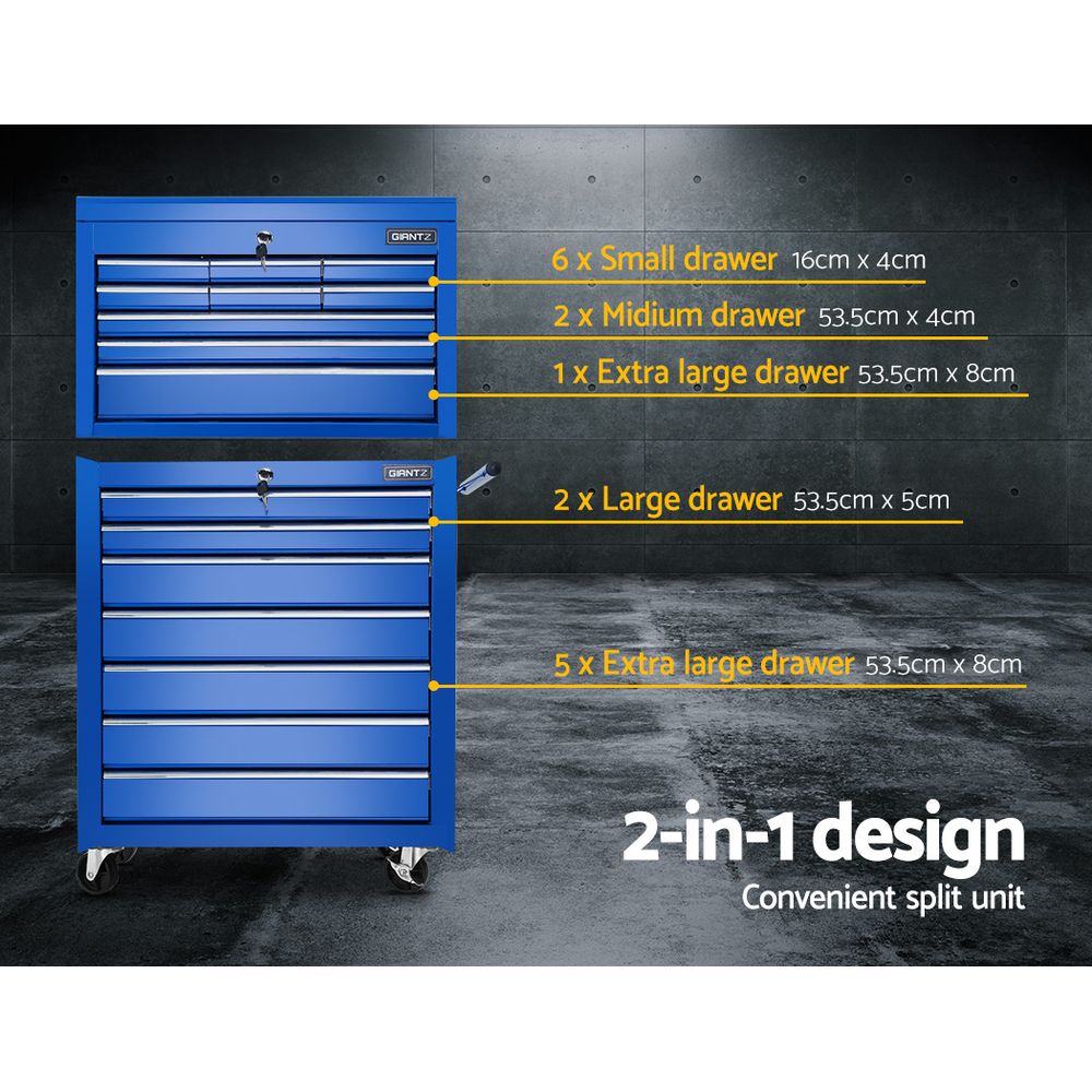 Giantz Tool Chest and Trolley Box Cabinet 16 Drawers Cart Garage Storage Blue