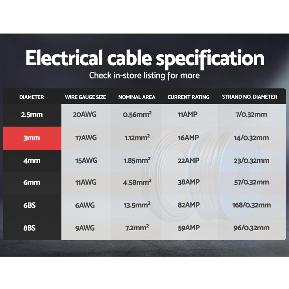 Giantz 3MM 100M Twin Core Wire Electrical Cable Extension Car 450V 2 Sheath