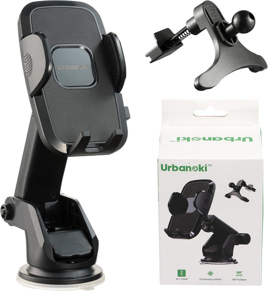 Urbanoki 4 in 1 Car Phone Holder Dashboard Windshield Vent Mount for All Phones - Black