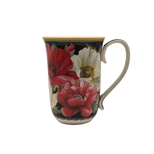 Elegant Poppies Fine Bone China Mug - 405ml Black Floral Teacup