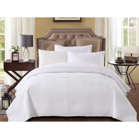 Pure White 100% Cotton Quilted 3 pcs Bedspread Coverlet Set King