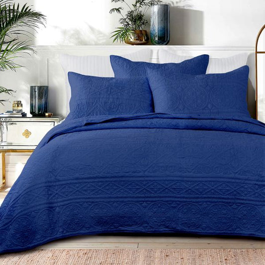 Navy Classic Cotton 100% Cotton Quilted 3 pcs Bedspread Coverlet Set King