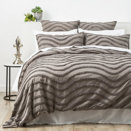 Chenille Wave 100% Cotton Vintage Washed Grey Tufted Quilt Cover Set by Cloud Linen