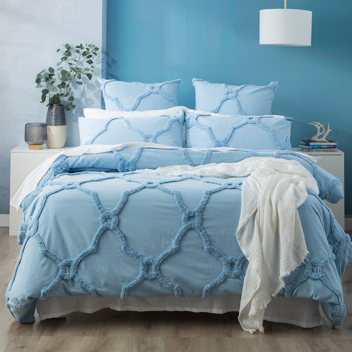 Moroccan 100% Cotton Chenille Vintage Washed Tufted Sky Quilt Cover Set by Renee Taylor Queen