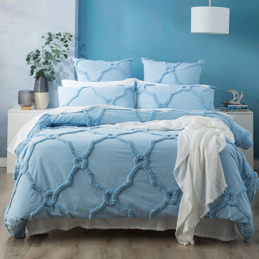 Moroccan 100% Cotton Chenille Vintage Washed Tufted Sky Quilt Cover Set by Renee Taylor Queen