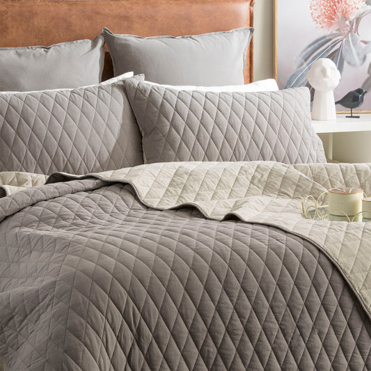 Diamante Vintage Stone Washed Cotton Reversible Quilted Charcoal Coverlet Set by Renee Taylor