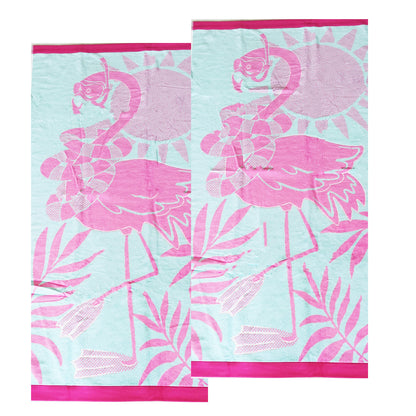 Renee Taylor 2 Pack Jacquard Velour Kids Beach Towel 75 x 150 cms Tropical Flamingo