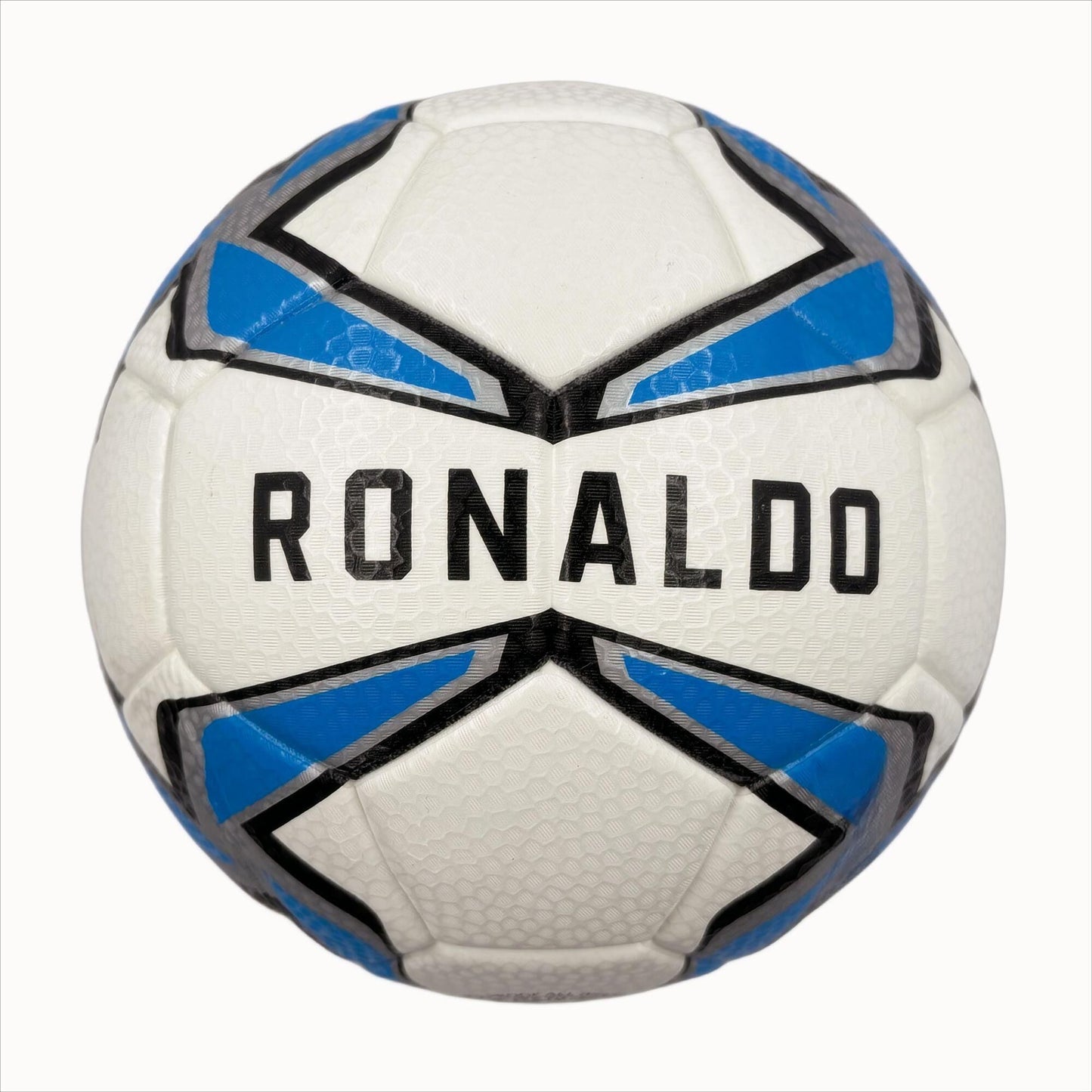 A blue windmill size5 football, PU fit material, wear-resistant and explosion-proof, including pump+air needle+net bag