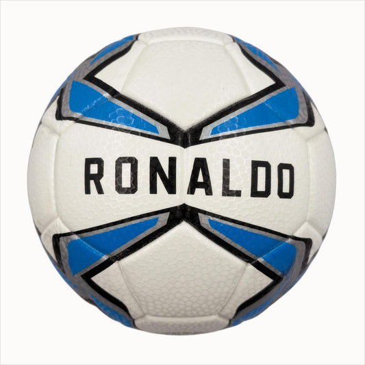 A blue windmill size5 football, PU fit material, wear-resistant and explosion-proof, including pump+air needle+net bag