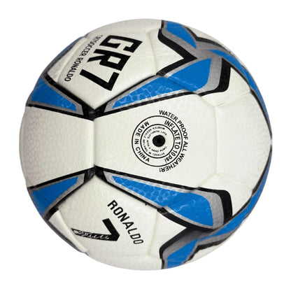 A blue windmill size5 football, PU fit material, wear-resistant and explosion-proof, including pump+air needle+net bag