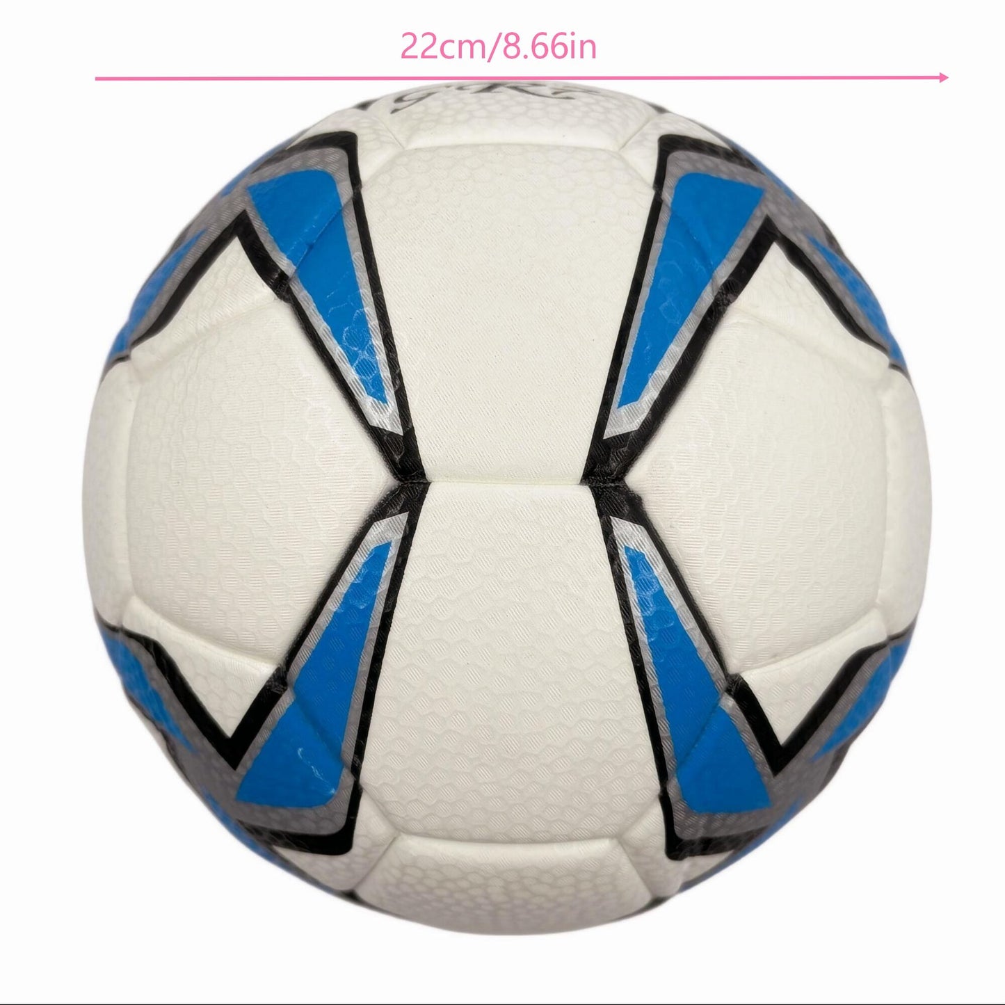 A blue windmill size5 football, PU fit material, wear-resistant and explosion-proof, including pump+air needle+net bag