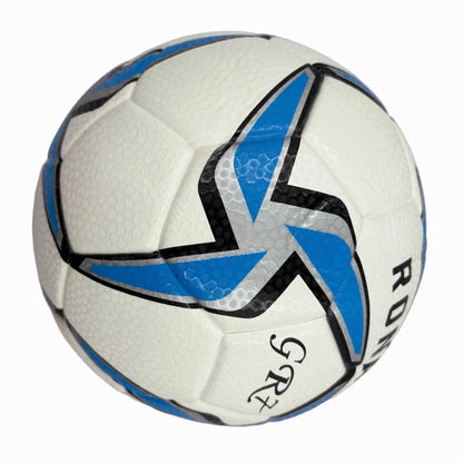 A blue windmill size5 football, PU fit material, wear-resistant and explosion-proof, including pump+air needle+net bag