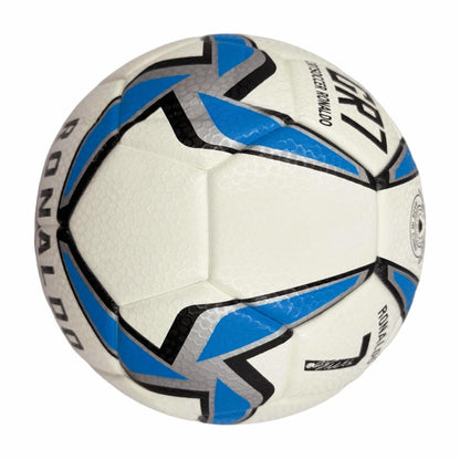 A blue windmill size5 football, PU fit material, wear-resistant and explosion-proof, including pump+air needle+net bag