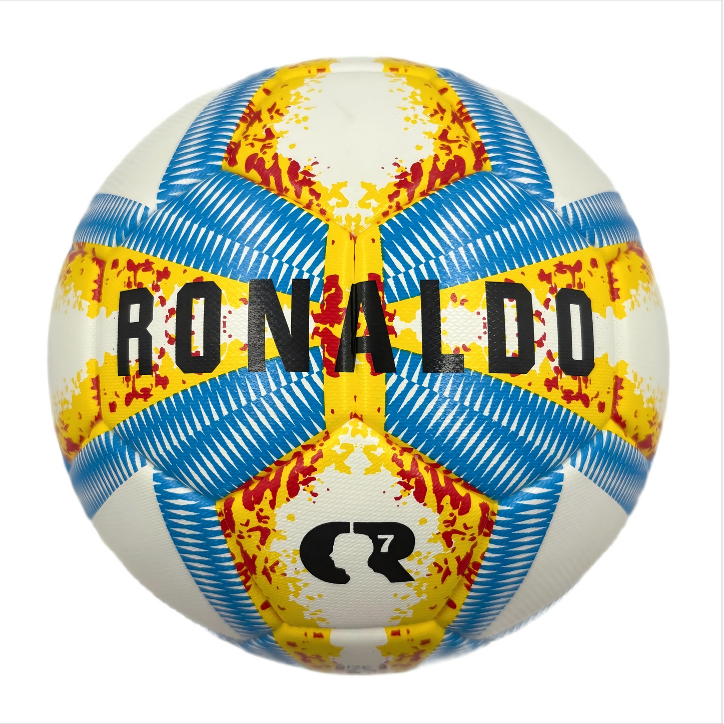 A yellow, blue and red football with color matching size5, PU fitting material, Christmas Boxing Day gift, including pump+air needle+net bag set,soccer
