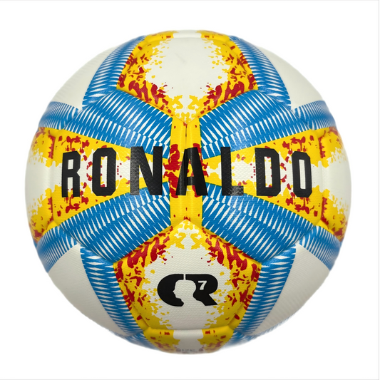 A yellow, blue and red football with color matching size5, PU fitting material, Christmas Boxing Day gift, including pump+air needle+net bag set,soccer