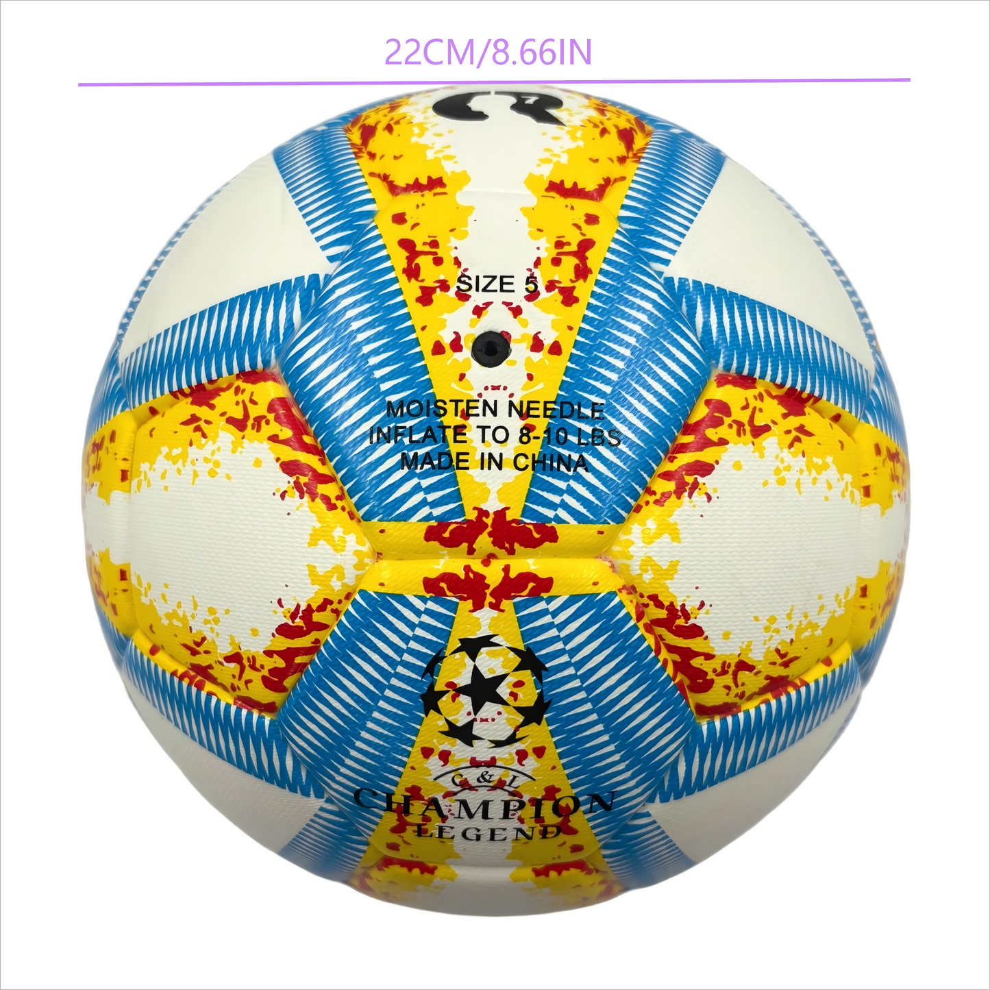 A yellow, blue and red football with color matching size5, PU fitting material, Christmas Boxing Day gift, including pump+air needle+net bag set,soccer