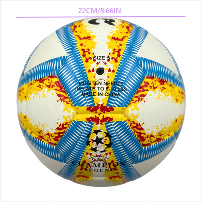 A yellow, blue and red football with color matching size5, PU fitting material, Christmas Boxing Day gift, including pump+air needle+net bag set,soccer