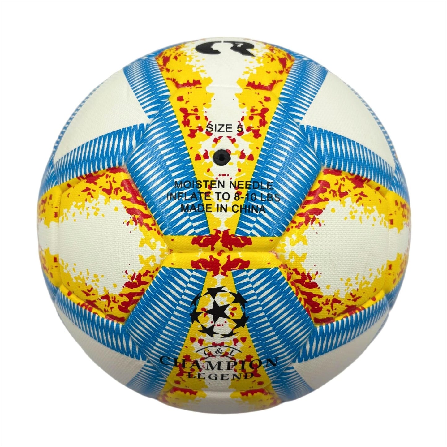 A yellow, blue and red football with color matching size5, PU fitting material, Christmas Boxing Day gift, including pump+air needle+net bag set,soccer