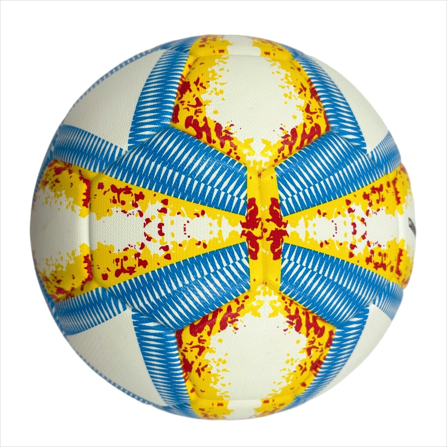 A yellow, blue and red football with color matching size5, PU fitting material, Christmas Boxing Day gift, including pump+air needle+net bag set,soccer