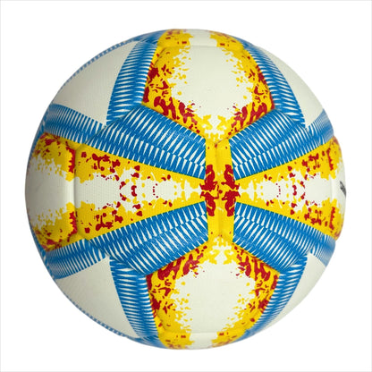 A yellow, blue and red football with color matching size5, PU fitting material, Christmas Boxing Day gift, including pump+air needle+net bag set,soccer