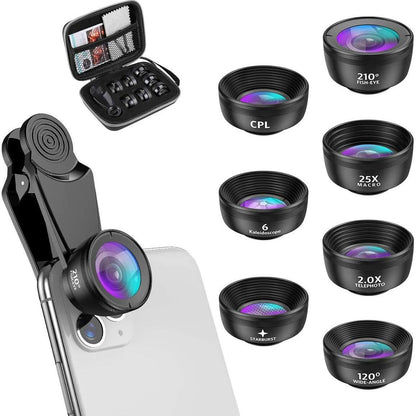 15-in-1 kit with multiple special effects functions, compatible with iPhone and Android smartphones. Includes: 198 fisheye, 0.63x wide angle, 15x macro, 2x telephoto, CPL polarizer, kaleidoscope lens, star filter, mist filter, radial filter, split zone fi