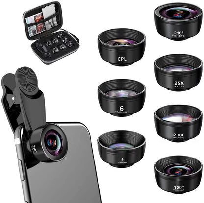 15-in-1 kit with multiple special effects functions, compatible with iPhone and Android smartphones. Includes: 198 fisheye, 0.63x wide angle, 15x macro, 2x telephoto, CPL polarizer, kaleidoscope lens, star filter, mist filter, radial filter, split zone fi
