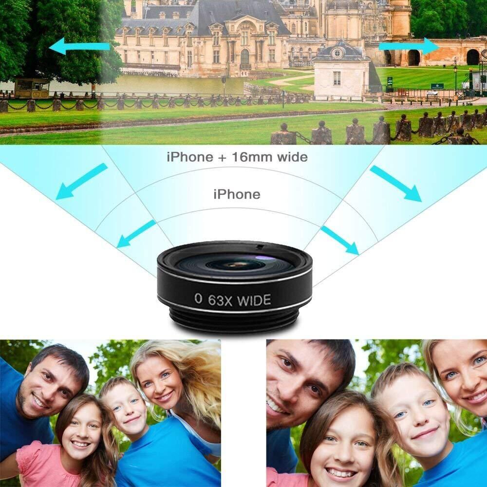15-in-1 kit with multiple special effects functions, compatible with iPhone and Android smartphones. Includes: 198 fisheye, 0.63x wide angle, 15x macro, 2x telephoto, CPL polarizer, kaleidoscope lens, star filter, mist filter, radial filter, split zone fi