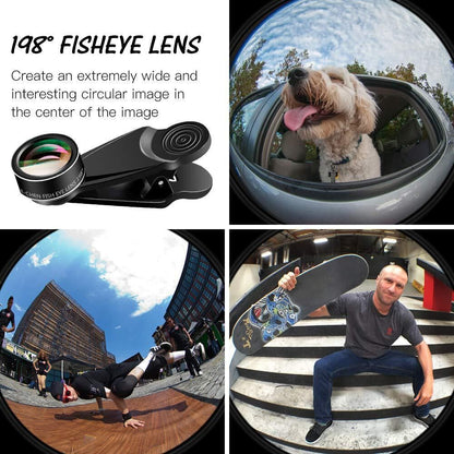 15-in-1 kit with multiple special effects functions, compatible with iPhone and Android smartphones. Includes: 198 fisheye, 0.63x wide angle, 15x macro, 2x telephoto, CPL polarizer, kaleidoscope lens, star filter, mist filter, radial filter, split zone fi